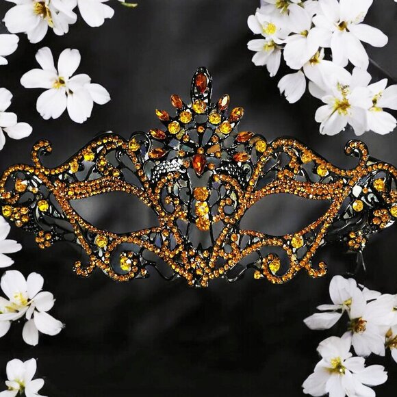 Handmade Accessories - Masquerade Mask, Cosplay Mask, Amber Crystal Mask, Black Mask, Halloween Mask